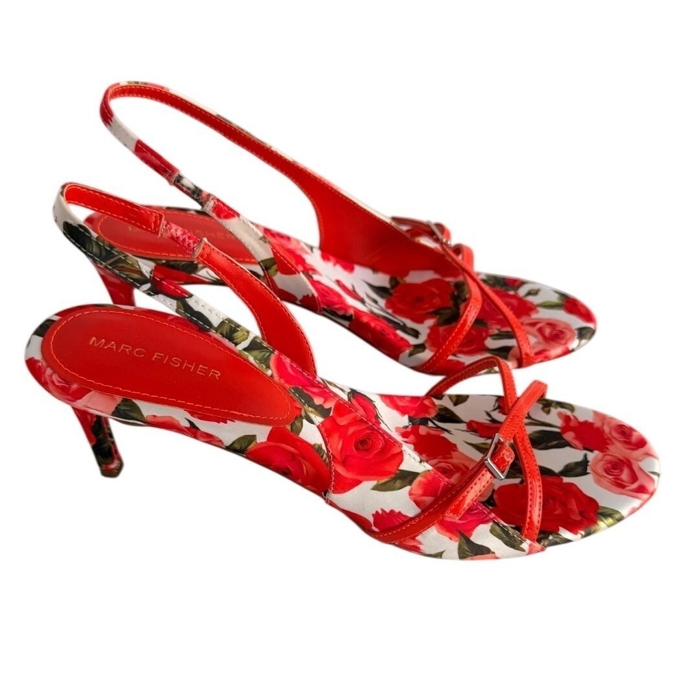 Marc Fisher Women's Feren2 Floral Print Kitten 10M Pump Red Roses Heel Sandals - Picture 5 of 15